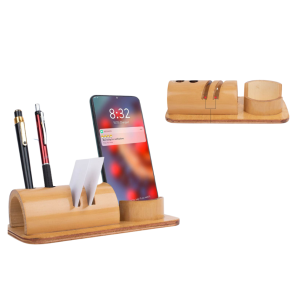 Bamboo Phone Stand With Card Holder And Double Pen Stand (With PU Gloss Coating)