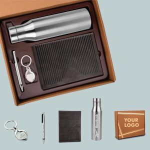 4 In 1 Gray Set: Metal Keychain, SS Bottle, Metal Pen And A5 PU Notebook In Kraft Gift Box