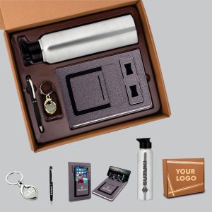 4 In 1 Gray Set: Metal Keychain, SS Natural Bottle, Metal Pen And 4 In 1 Notebook In Kraft Gift Box