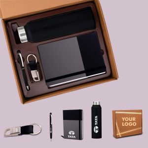 4 In 1 Dual Tone Set: Rectangle Metal Keychain, SS Colored Bottle, Metal Pen And A5 PU Notebook In Kraft Gift Box
