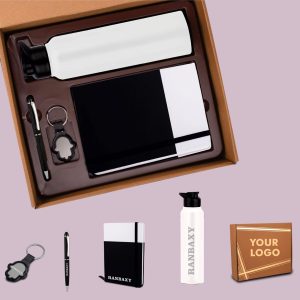 4 In 1 Dual Tone Set: Tulip Shape Keychain, SS Colored Bottle, Metal Pen And A5 PU Notebook In Kraft Gift Box
