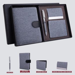 Canvas Gray Set Of 4: Multi Use Passport Holder, Wallet, Card Holder, Metal Pen