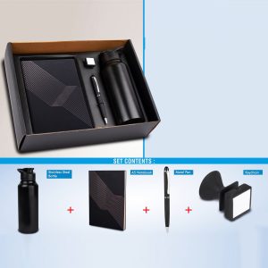 4 In 1 Set: Stainless Steel Bottle, Metal Pen, Silicon Mobile Stand With Earphone Holder, A5 Notebook￼