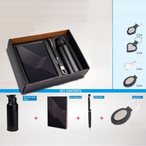 4 In 1 Set: Stainless Steel Bottle, Metal Pen, Metal Keychain, A5 Notebook