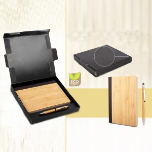 Bamboo Notebook With Bamboo Pen | Gift Set In Black Texture Box