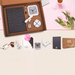 6 In 1 Gray Set: Mobile Fan, All In 1 Cable With Keychain, Fast Dual USB Car Charger, Jack Stylus With Phone Stand, Glow Clock And A5 PU Notebook In Kraft Gift Box