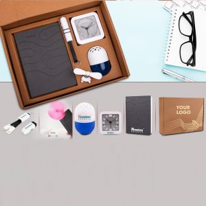 5 In 1 Gray Set: Mobile Fan, Keychain With Car Charger And Cable, Air Freshener (100 Gm), Glow Clock And A5 PU Notebook In Kraft Gift Box