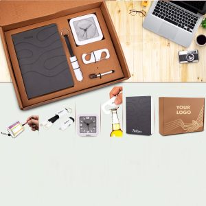5 In 1 Gray Set: Spinner With Bottle Opener, Keychain With Car Charger And Cable, Jack Stylus With Phone Stand, Glow Clock And A5 PU Notebook In Kraft Gift Box
