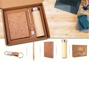 EcoSet Set Of A5 Cork Notebook, Bamboo 304 Steel Vacuum Flask, Bamboo Pen & Cork Keychain In Kraft Gift Box