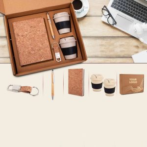 EcoSet Bamboo Coffee Mugs With Silicon Sleeve, Bamboo Pen & Cork Keychain In Kraft Gift Box