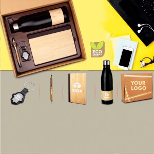 Bamboo Set: Keychain, Bamboo Vacuum Flask, Bamboo Pen And A5 Bamboo Cover Notebook In Kraft Gift Box