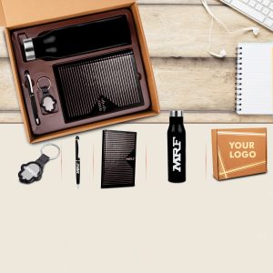 4 In 1 Black Set: Tulip Shape Keychain, SS Bottle, Metal Pen And A5 PU Notebook In Kraft Gift Box