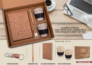 EcoSet 4: Set Of A5 Cork Notebook, 2 Bamboo Coffee Mugs With Silicon Sleeve, Bamboo Pen & Cork Keychain In Kraft Gift Box
