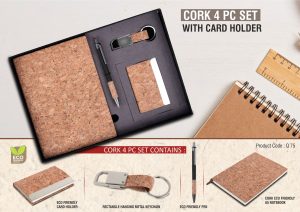 Cork 4 Pc Set: Cork Notebook With Visiting Card Holder, Bamboo Pen And Keychain