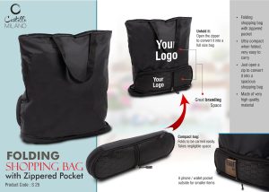 Folding Shopping Bag With Zippered Pocket | Phone, Wallet Pocket Outside