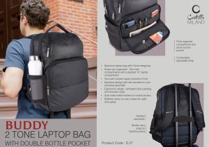 Buddy: 2 Tone Laptop Bag With Double Bottle Pocket | Front Organizer Compartment And Quick Access Pocket | Padded Backpack