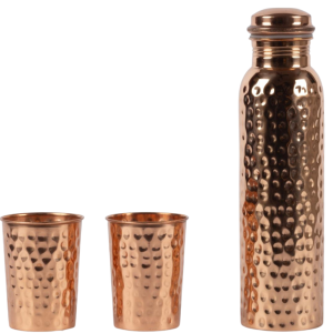 Pure Copper 1 Litre Water Bottle with 2 Copper Glass Drinkware Gift Set