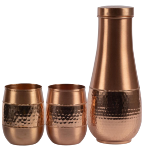 Pure Copper Hammered Finish Copper Bottle with Lid & 2 Glasses Improve Your Immunity, Brain, Nervous System & Healthy Skin