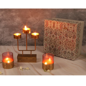 Gold Metal Hand Etched Tea-light Stand & Votives Gift Set