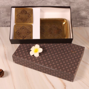 Antique Gold & Maroon Brass Rectangular Tray & Coaster Gift Set