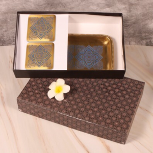 Antique Gold & Blue Brass Rectangular Tray & Coaster Gift Set