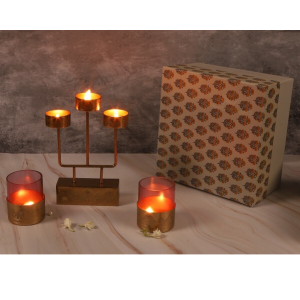 Gold Metal Hand Etched Tea-light Stand & Votives Gift Set