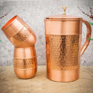 Pure Copper Water Jug with 2 Copper Tumblers Hammered