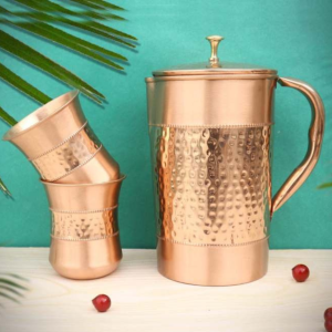 Hammered Copper Water Jug With 2 Tumbler