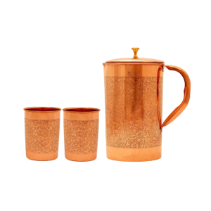 Embossed Design Pure Copper Water Jug Pitcher, Drinkware Set