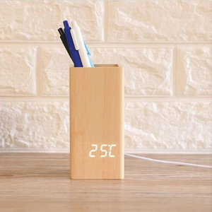 Multifunctional Pen Rack Wooden LED Clock Wooden Alarm Clock, Voice Control