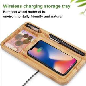 15W Wood Phone Wireless Charging Station with Desk Organizer Pad, Bamboo Qi Charger