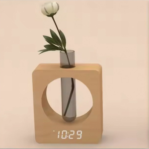 Digital Wooden LED Alarm Clock Made of Solidwood (Beech) with Night Light