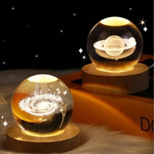Saturn Crystal Ball Night Light, 2.4 Inch Glass Ball Night LED Lamp with Woodern Base